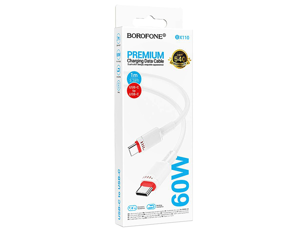 Кабель USB Borofone BX110 60W Type-C to Type-C, 1м, цвет белый