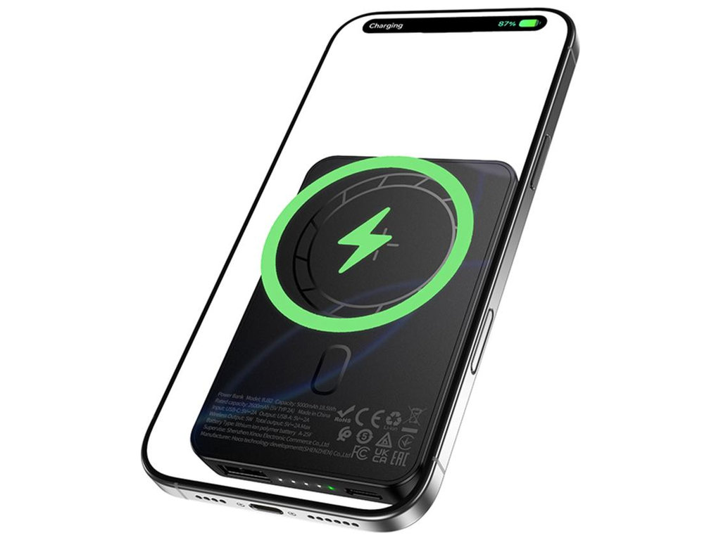 Power Bank Borofone BJ82 Dawn, магнитный, беспроводная зарядка, 5000mAh, Type-C, ABS+PC, цвет черный