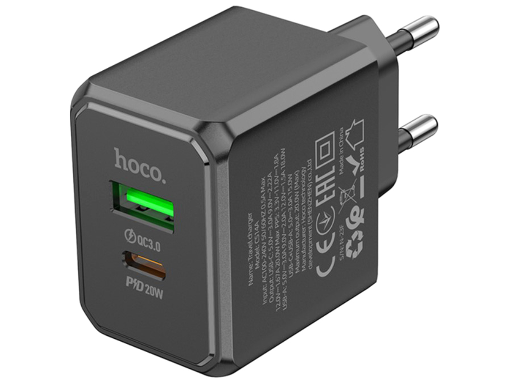 Мережевий зарядний пристрій Hoco CS14A 1USB-C/1USB PD/QC 20W, Колір Чорний