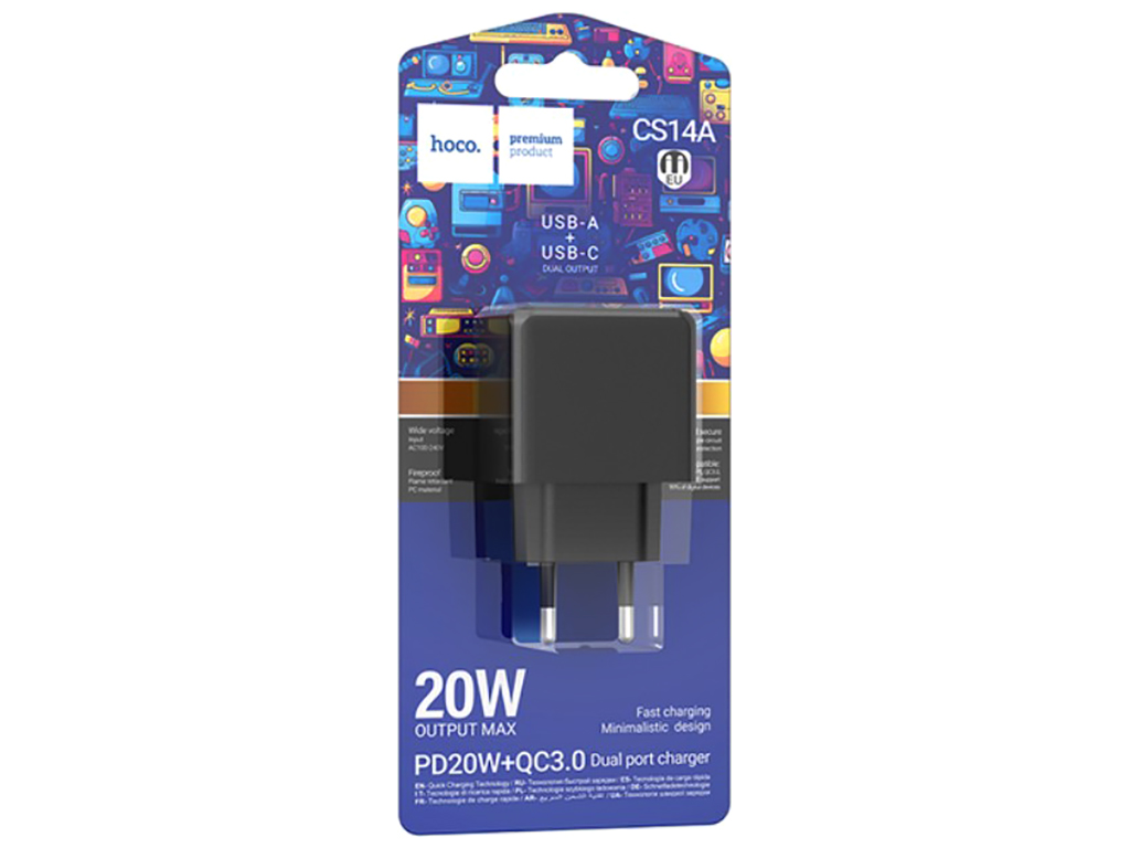 Мережевий зарядний пристрій Hoco CS14A 1USB-C/1USB PD/QC 20W, Колір Чорний