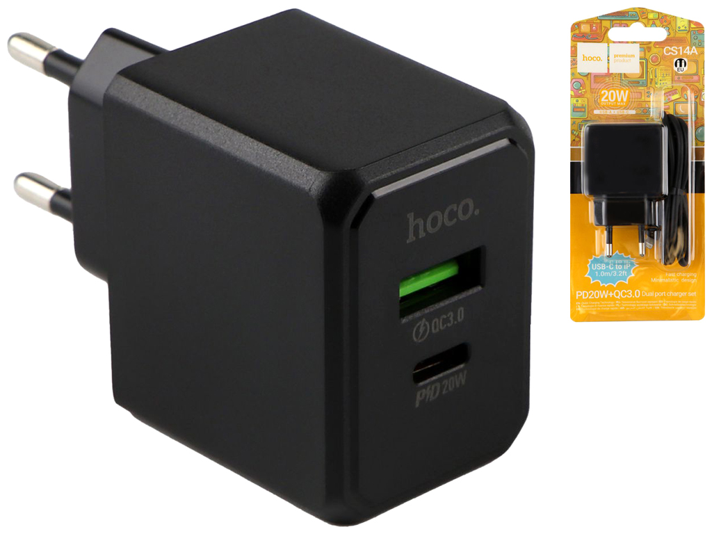 Мережевий зарядний пристрій Hoco CS14A 1USB-C/1USB PD/QC 20W+Type-C to Lightning, Колір Чорний