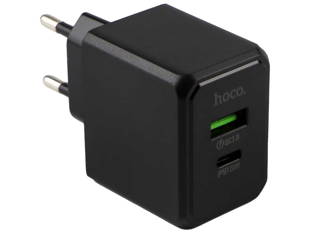 Мережевий зарядний пристрій Hoco CS14A 1USB-C/1USB PD/QC 20W+Type-C to Lightning, Колір Чорний