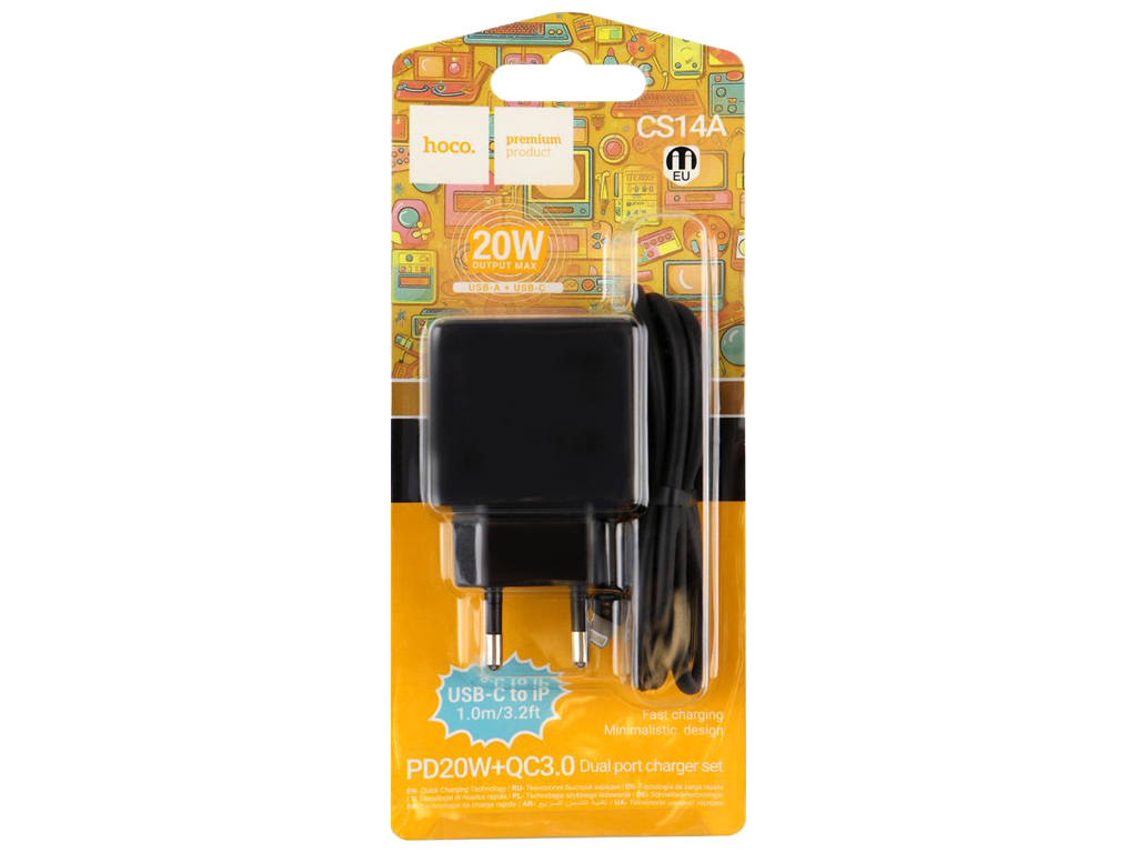 Мережевий зарядний пристрій Hoco CS14A 1USB-C/1USB PD/QC 20W+Type-C to Lightning, Колір Чорний