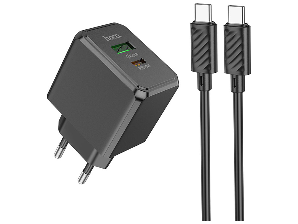 Мережевий зарядний пристрій Hoco CS14A USB-C/1USB PD/QC 20W+Type-C to Type-C, Колір Чорний