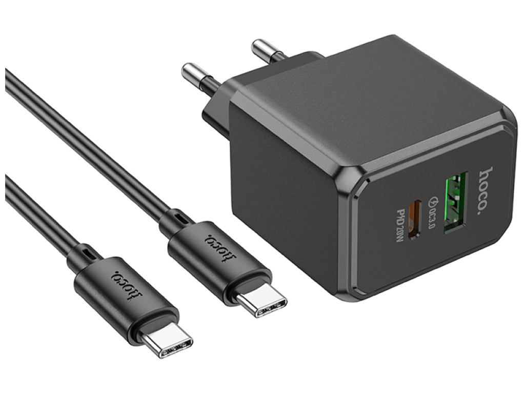 Мережевий зарядний пристрій Hoco CS14A USB-C/1USB PD/QC 20W+Type-C to Type-C, Колір Чорний