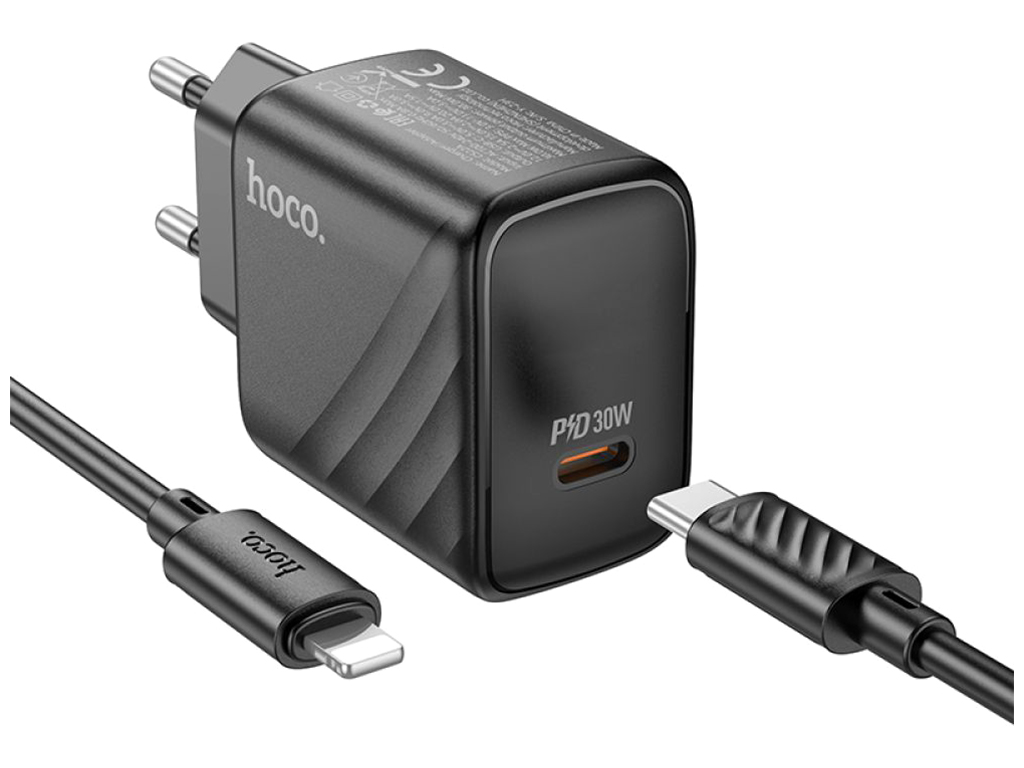 Мережевий зарядний пристрій Hoco CS22A 1USB-C PD/QC 30W+Type-C to Lightning, Колір Чорний