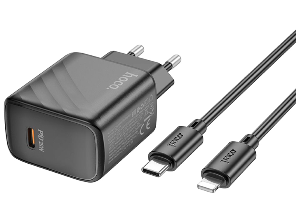 Мережевий зарядний пристрій Hoco CS22A 1USB-C PD/QC 30W+Type-C to Lightning, Колір Чорний