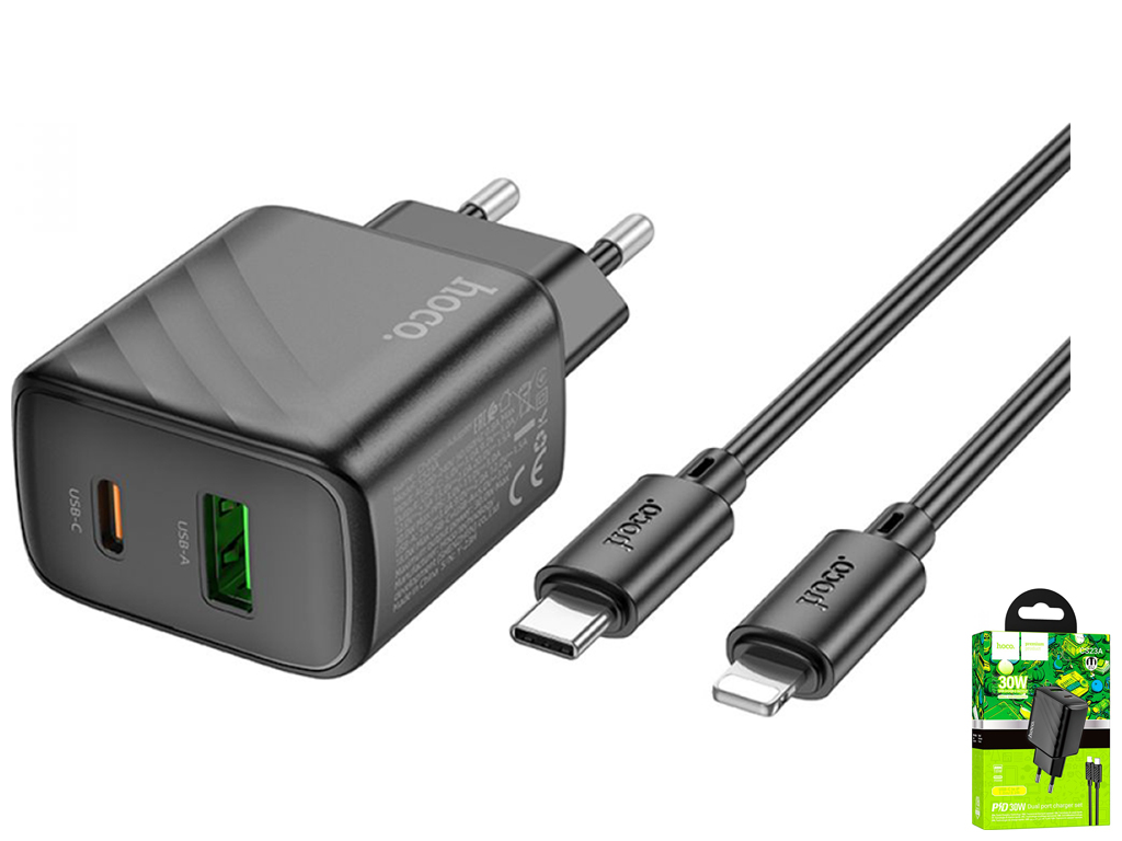 Мережевий Зарядний Пристрій Hoco CS23A 1USB/1USB-C PD/QC 30W+Type-C to Lightning Колір Чорний