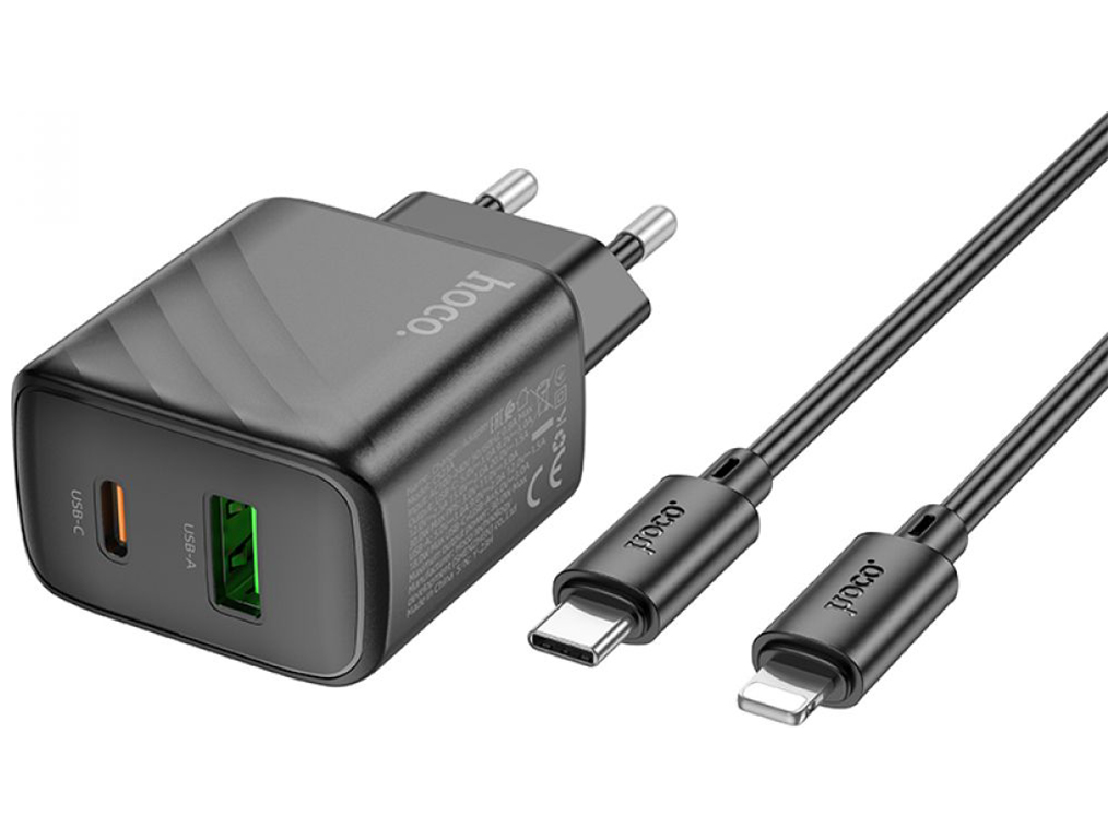 Мережевий Зарядний Пристрій Hoco CS23A 1USB/1USB-C PD/QC 30W+Type-C to Lightning Колір Чорний