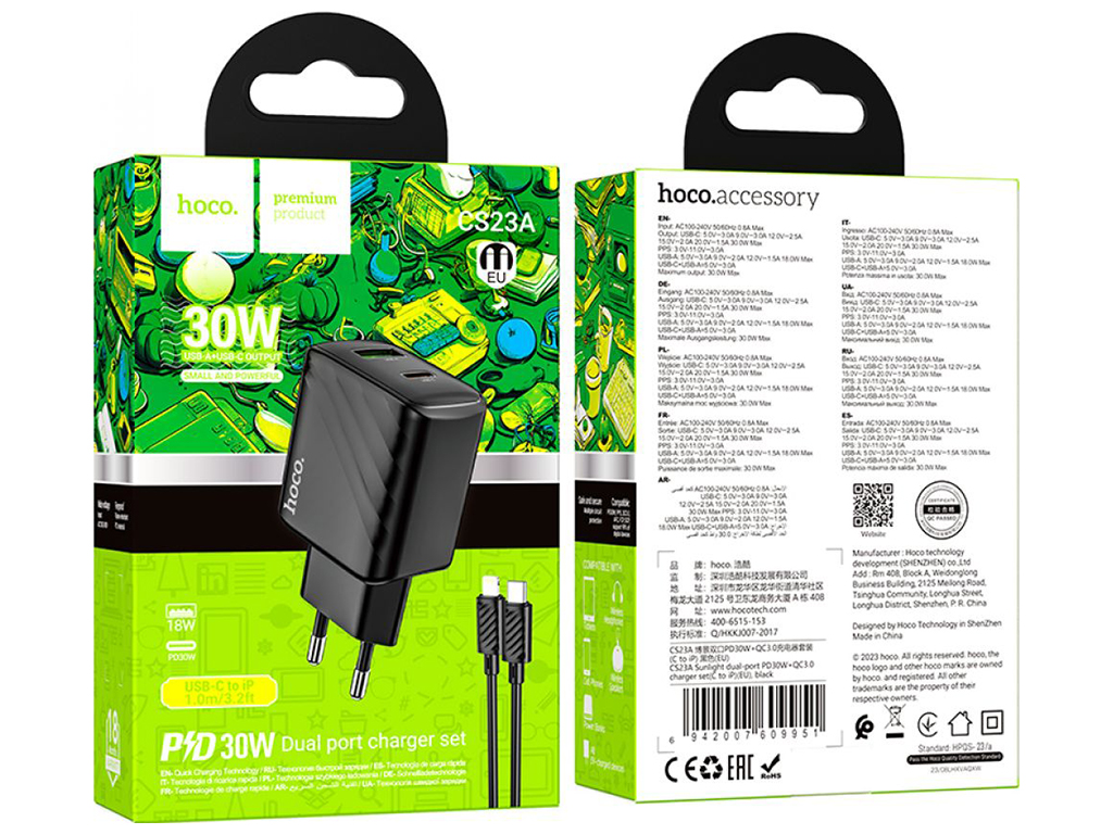 Мережевий Зарядний Пристрій Hoco CS23A 1USB/1USB-C PD/QC 30W+Type-C to Lightning Колір Чорний