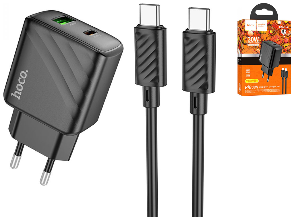 Мережевий Зарядний Пристрій Hoco CS23A 1USB/1USB-C PD/QC 30W+Type-C to Type-C Колір Чорний