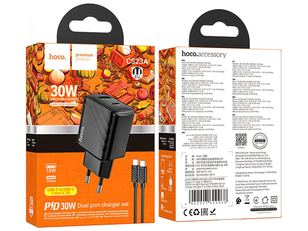 Мережевий Зарядний Пристрій Hoco CS23A 1USB/1USB-C PD/QC 30W+Type-C to Type-C Колір Чорний