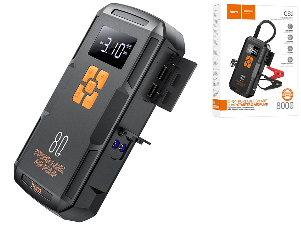 Універсальна мобільна батарея Hoco QS2 Air Pump/Jump Starter/Power Bank(8000mAh), Колір Чорний