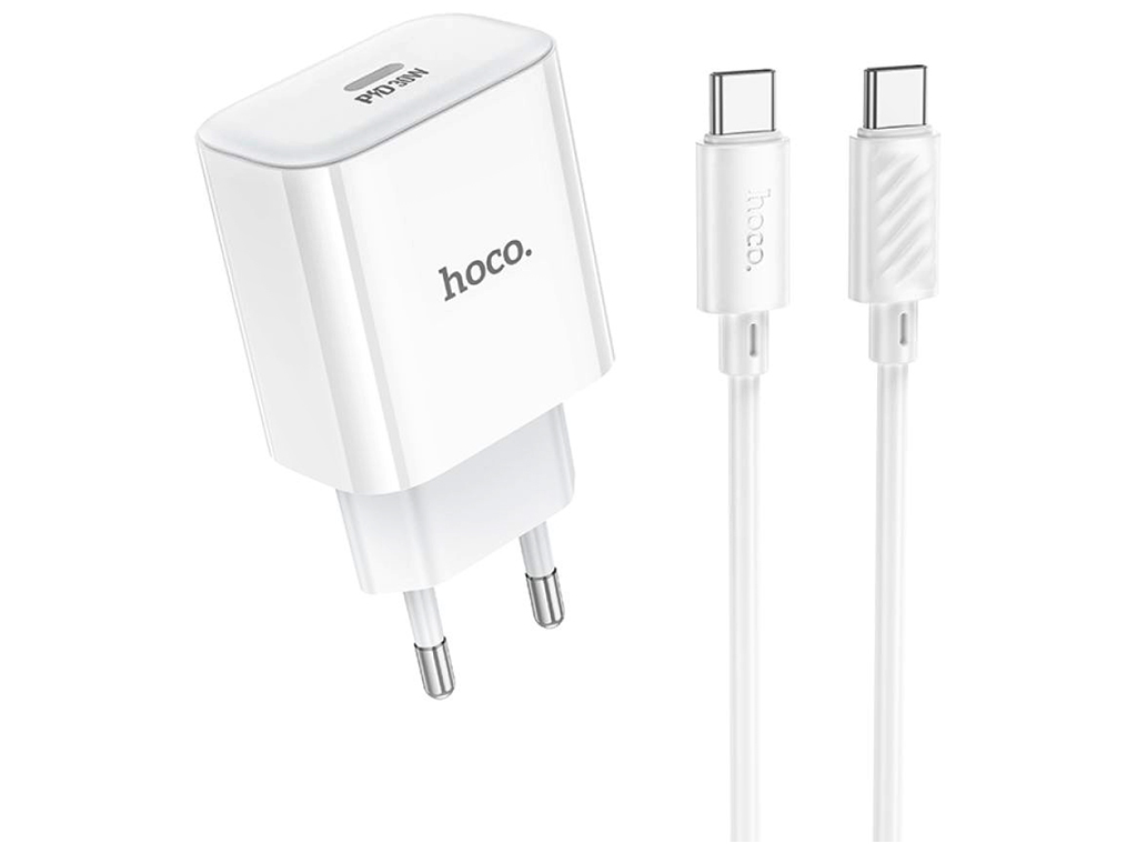 Мережевий зарядний пристрій Hoco C76A Pro 1Type-C PD/QC 30W+Type-C to Type-C, Колір Бiлий