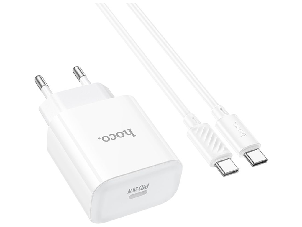 Мережевий зарядний пристрій Hoco C76A Pro 1Type-C PD/QC 30W+Type-C to Type-C, Колір Бiлий