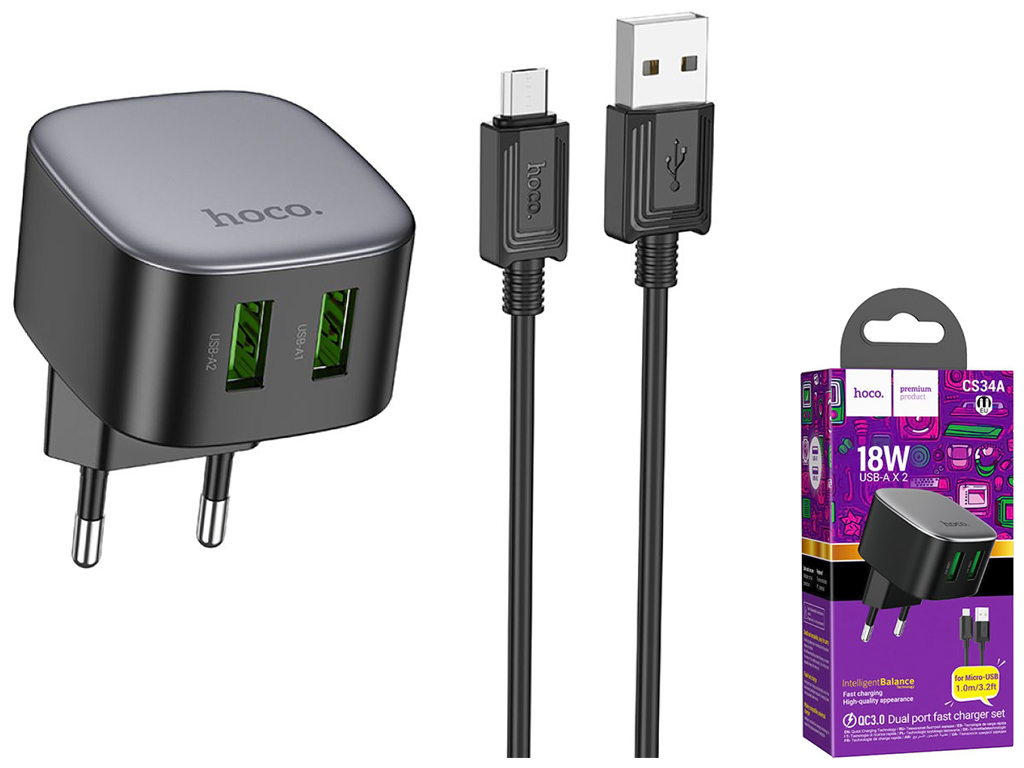 Мережевий зарядний пристрій Hoco CS34A 2USB QC 18W+USB to Micro, Колір Чорний