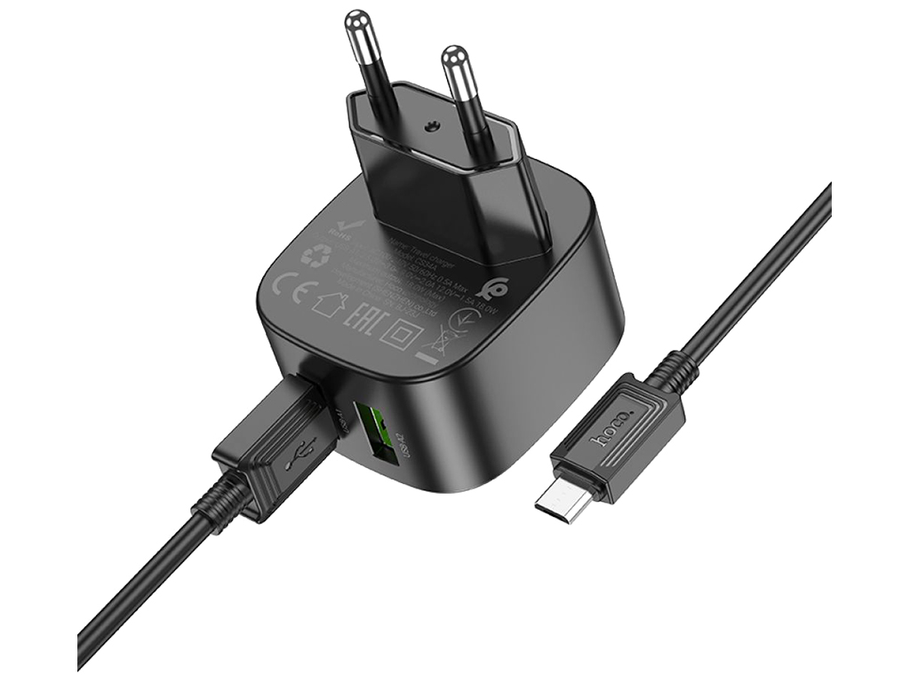 Мережевий зарядний пристрій Hoco CS34A 2USB QC 18W+USB to Micro, Колір Чорний