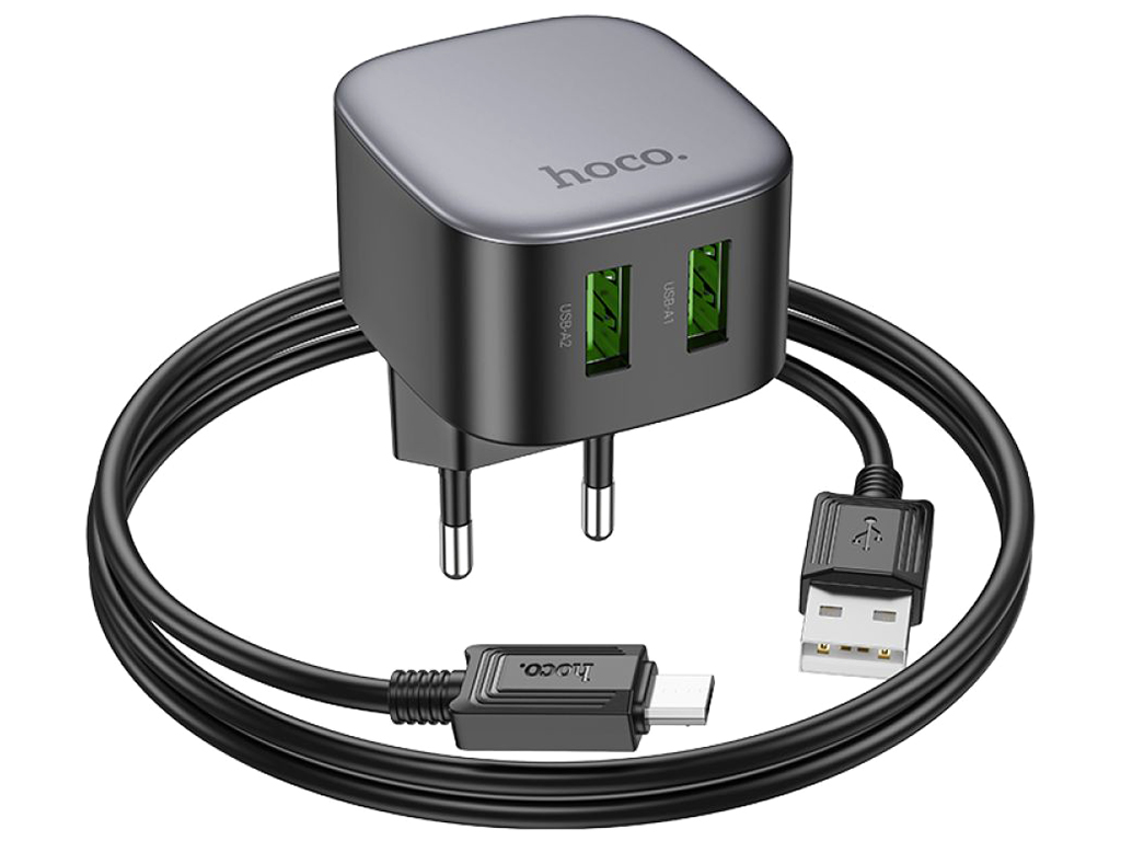 Мережевий зарядний пристрій Hoco CS34A 2USB QC 18W+USB to Micro, Колір Чорний