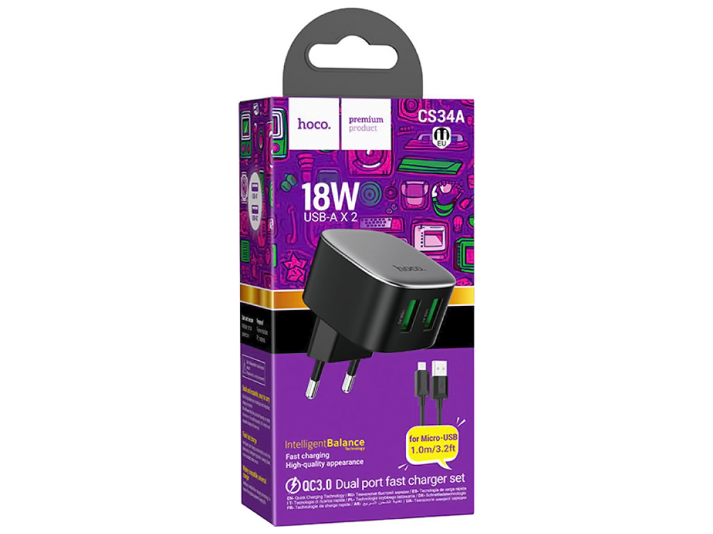 Мережевий зарядний пристрій Hoco CS34A 2USB QC 18W+USB to Micro, Колір Чорний