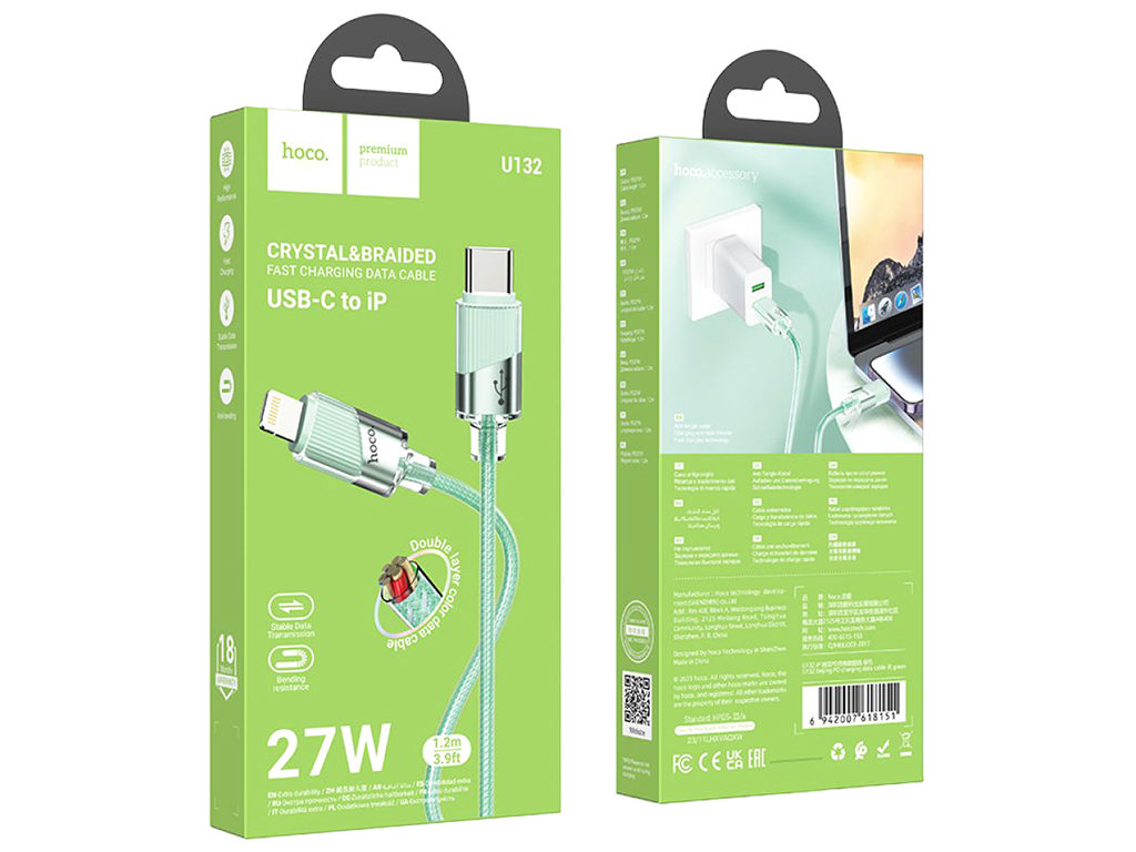 Кабель USB Hoco U132 PD27W Type-C to Lightning 1,2м Колір Зелений