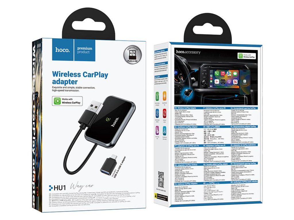 CarPlay автомобільний Hoco HU1, бездротове підключення, USB/Type-C, Wi-Fi+Bluetooth, колір чорний