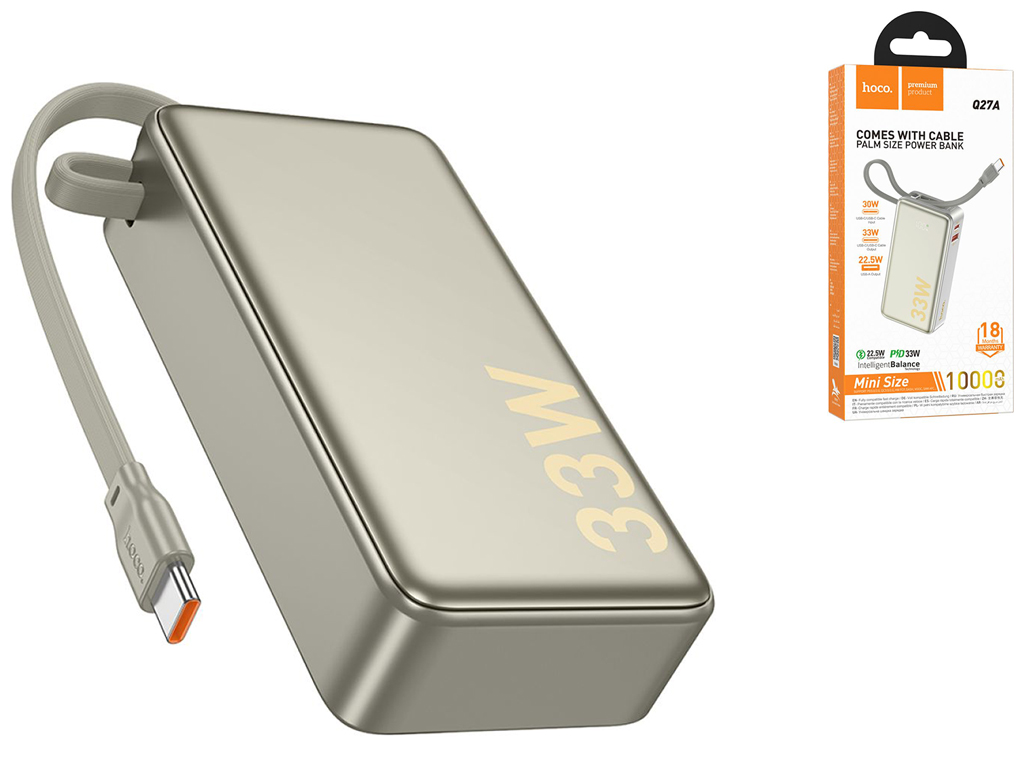 Універсальна мобільна батарея Hoco Q27A Jewel 33W with cable 10000mAh Колір Титанове золото