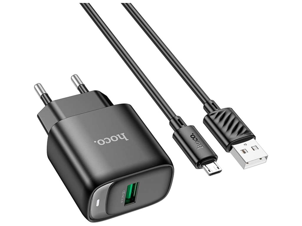 Мережевий зарядний пристрій Hoco C140A 1USB QC 18W+USB to Micro, колір чорний