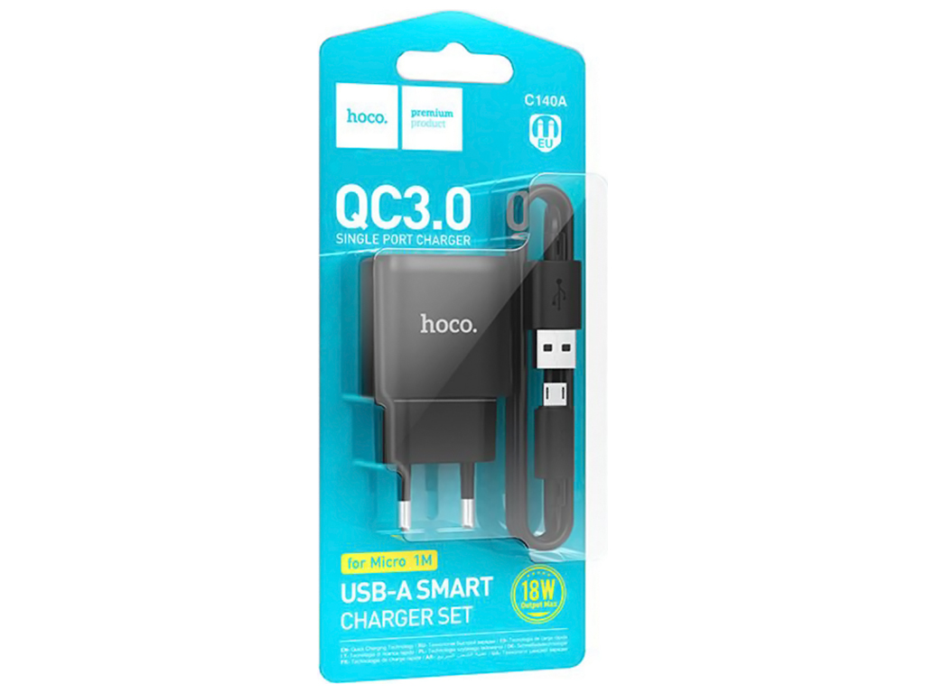 Мережевий зарядний пристрій Hoco C140A 1USB QC 18W+USB to Micro, колір чорний