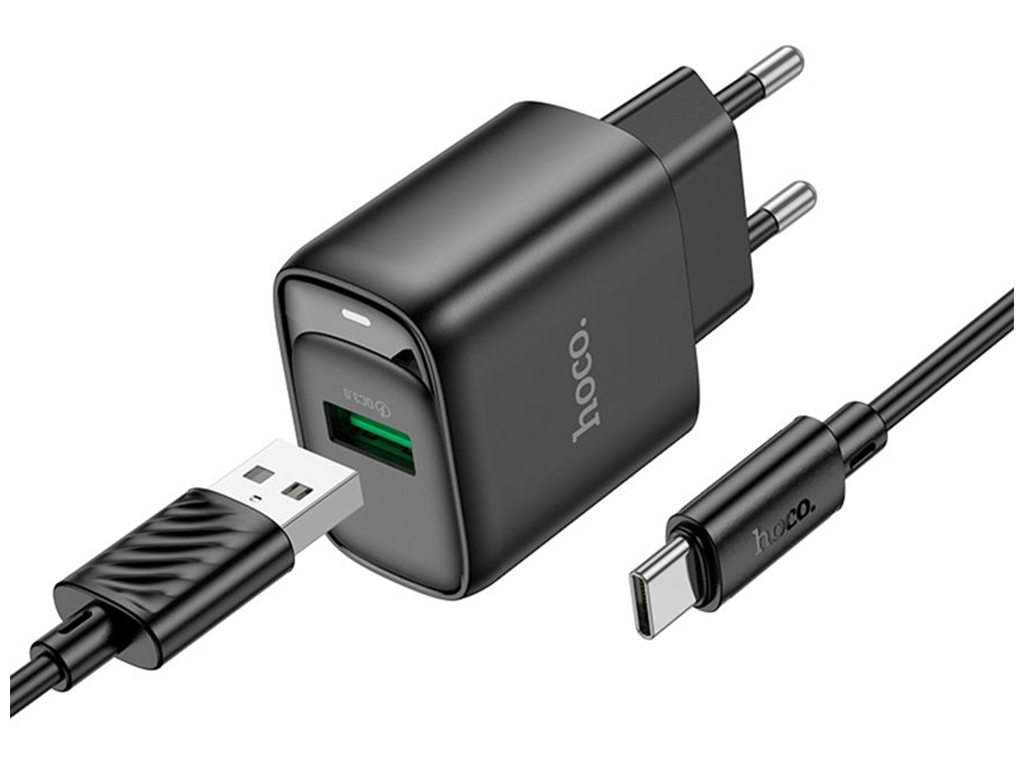 Мережевий зарядний пристрій Hoco C140A 1USB QC 18W+USB to Type-C, колір чорний