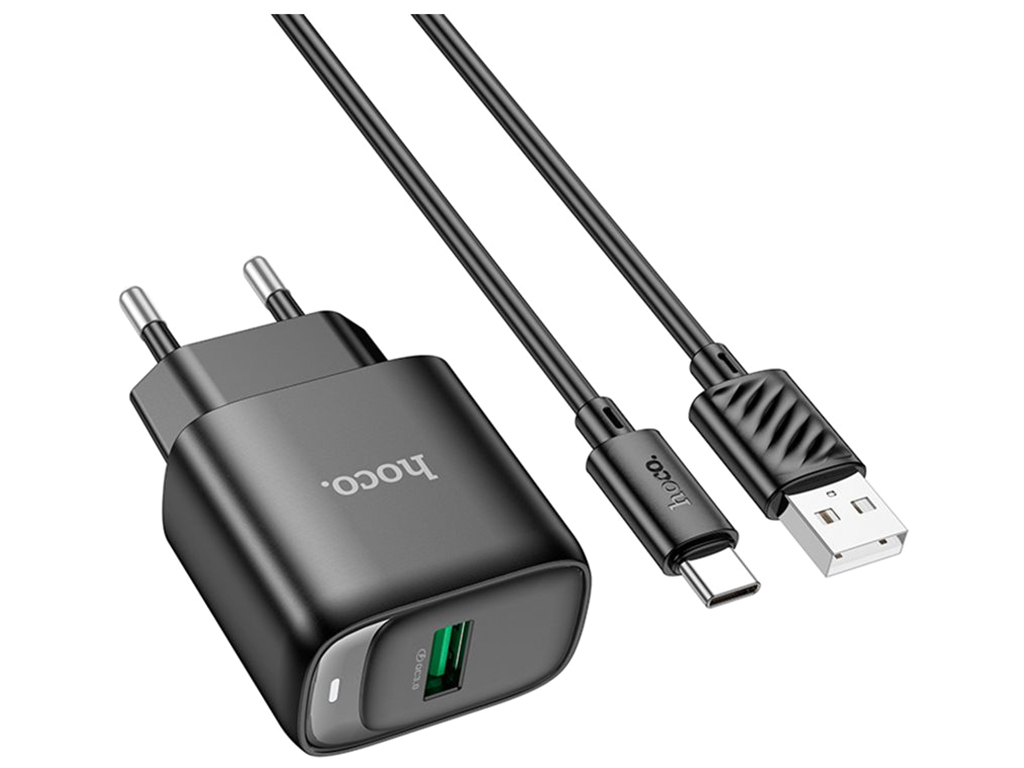 Мережевий зарядний пристрій Hoco C140A 1USB QC 18W+USB to Type-C, колір чорний