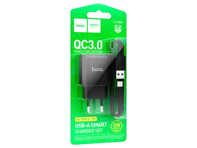 Мережевий зарядний пристрій Hoco C140A 1USB QC 18W+USB to Type-C, колір чорний