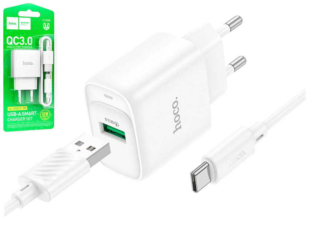 Мережевий зарядний пристрій Hoco C140A 1USB QC 18W+USB to Type-C, колір бiлий