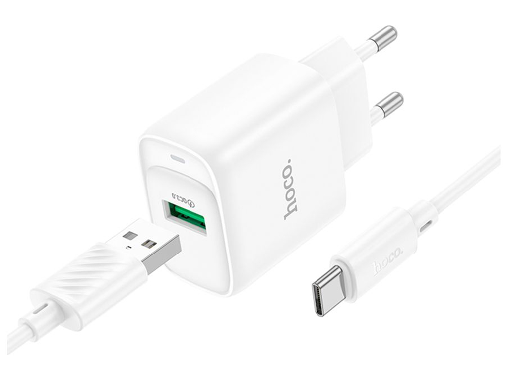 Мережевий зарядний пристрій Hoco C140A 1USB QC 18W+USB to Type-C, колір бiлий