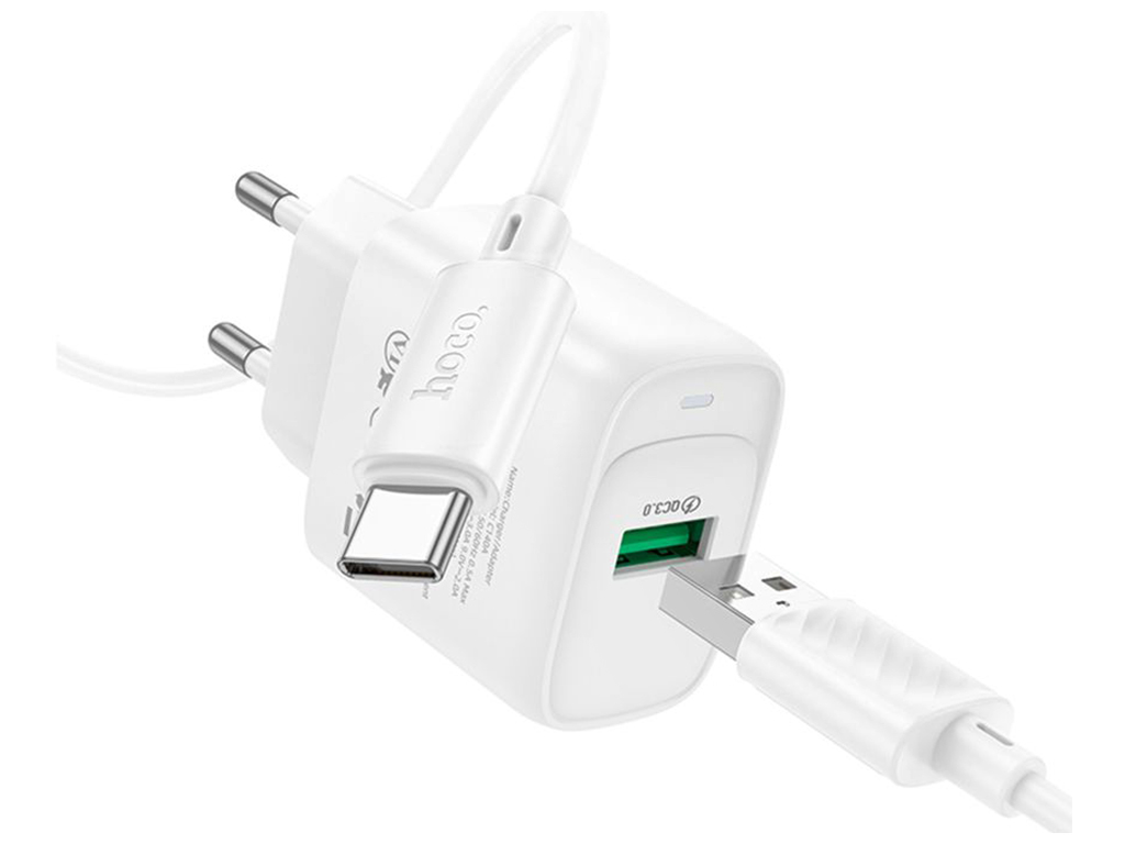 Мережевий зарядний пристрій Hoco C140A 1USB QC 18W+USB to Type-C, колір бiлий