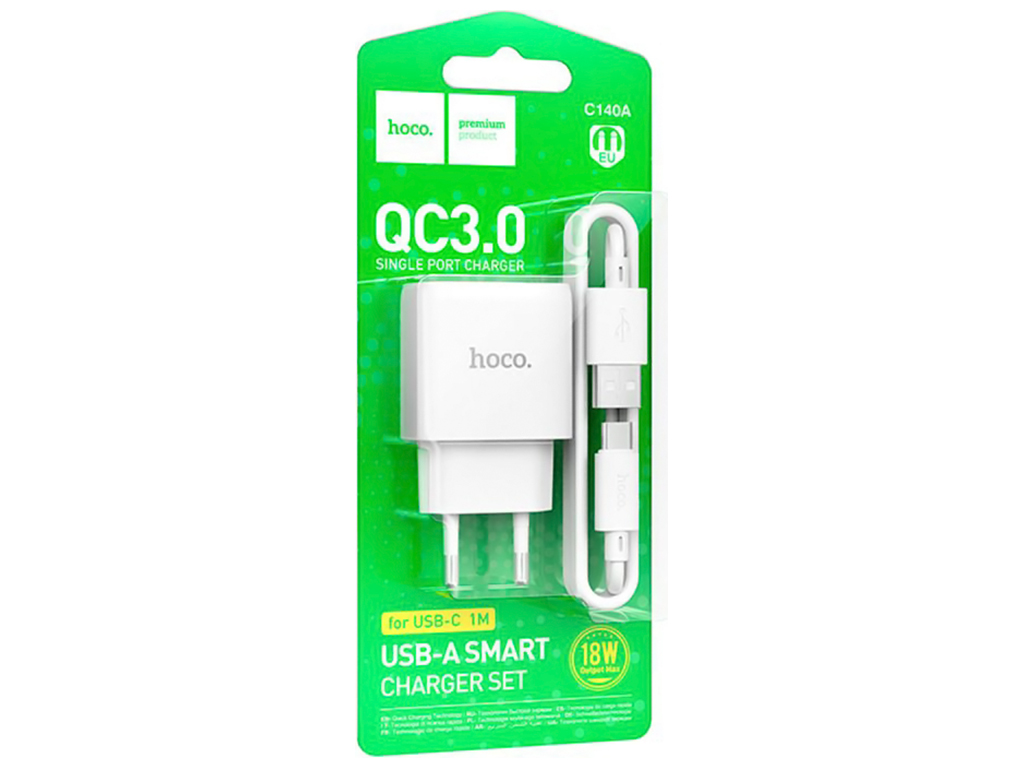 Мережевий зарядний пристрій Hoco C140A 1USB QC 18W+USB to Type-C, колір бiлий