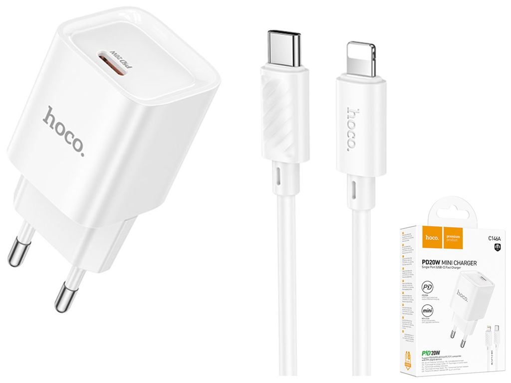 Мережевий зарядний пристрій Hoco C146A 1USB-C PD/QC 20W+Type-C to Lightning, колір бiлий