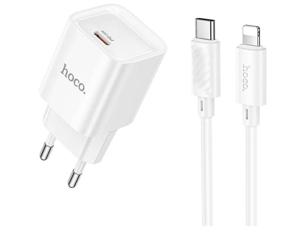 Мережевий зарядний пристрій Hoco C146A 1USB-C PD/QC 20W+Type-C to Lightning, колір бiлий