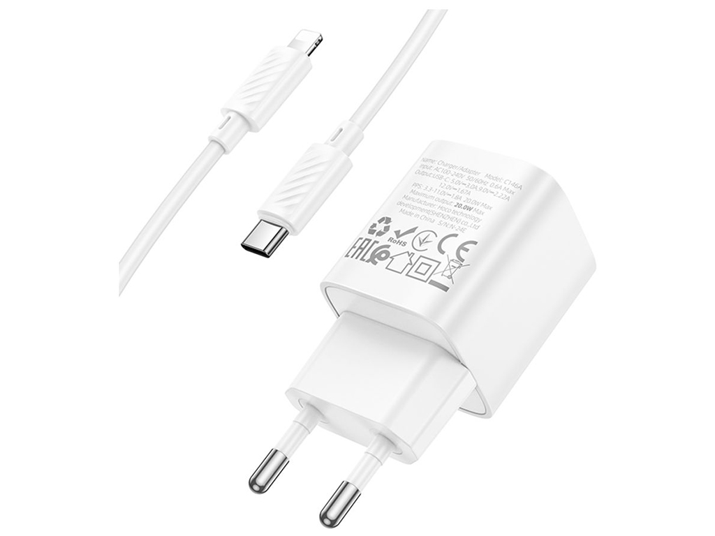 Мережевий зарядний пристрій Hoco C146A 1USB-C PD/QC 20W+Type-C to Lightning, колір бiлий