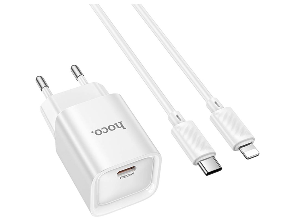 Мережевий зарядний пристрій Hoco C146A 1USB-C PD/QC 20W+Type-C to Lightning, колір бiлий