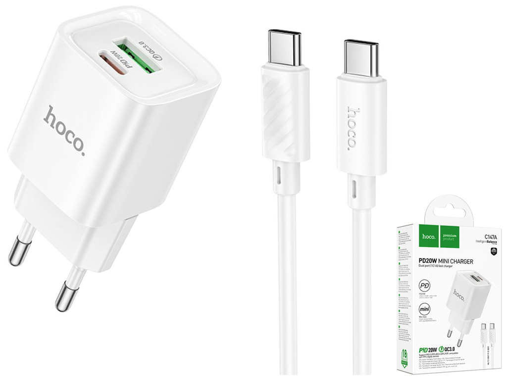 Мережевий зарядний пристрій Hoco C147A 1USB-C/1USB PD/QC 20W+Type-C to Type-C, колір бiлий