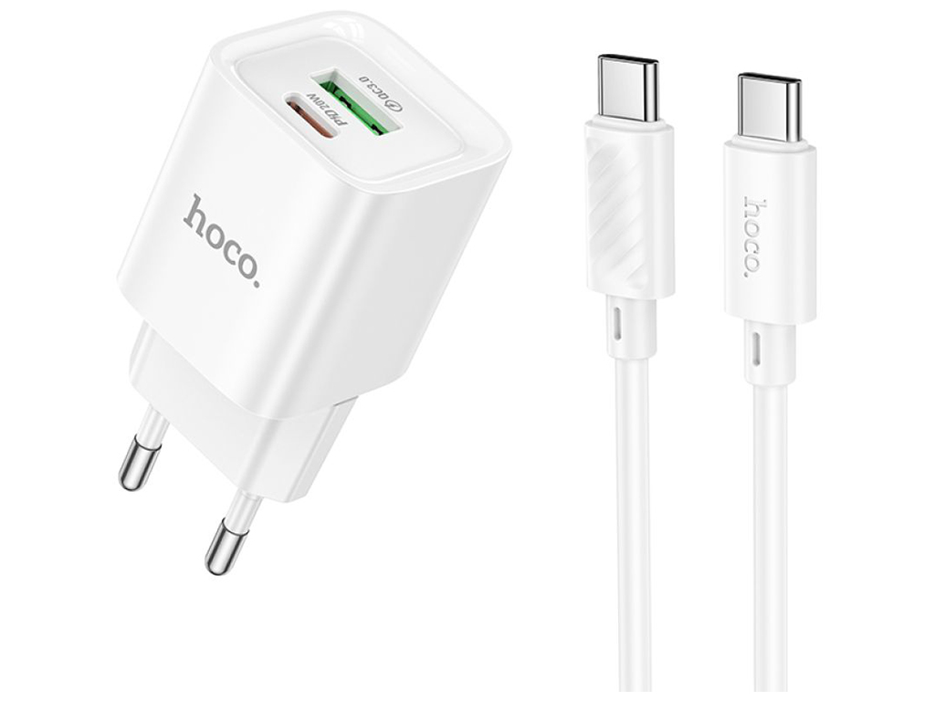 Мережевий зарядний пристрій Hoco C147A 1USB-C/1USB PD/QC 20W+Type-C to Type-C, колір бiлий