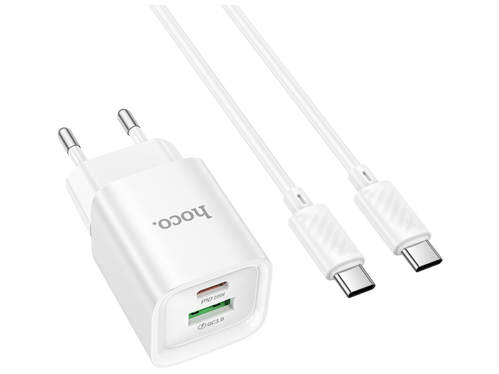 Мережевий зарядний пристрій Hoco C147A 1USB-C/1USB PD/QC 20W+Type-C to Type-C, колір бiлий