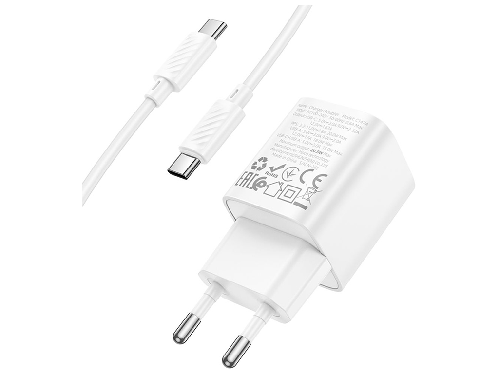 Мережевий зарядний пристрій Hoco C147A 1USB-C/1USB PD/QC 20W+Type-C to Type-C, колір бiлий