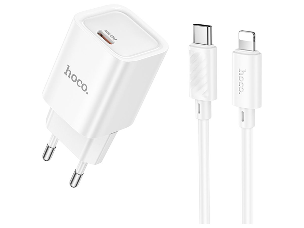 Мережевий зарядний пристрій Hoco C148A 1USB-C PD/QC 30W+Type-C to Lightning, колір бiлий