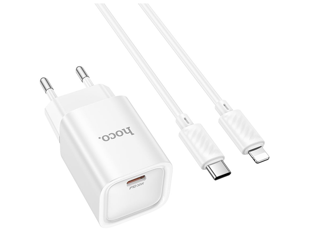 Мережевий зарядний пристрій Hoco C148A 1USB-C PD/QC 30W+Type-C to Lightning, колір бiлий