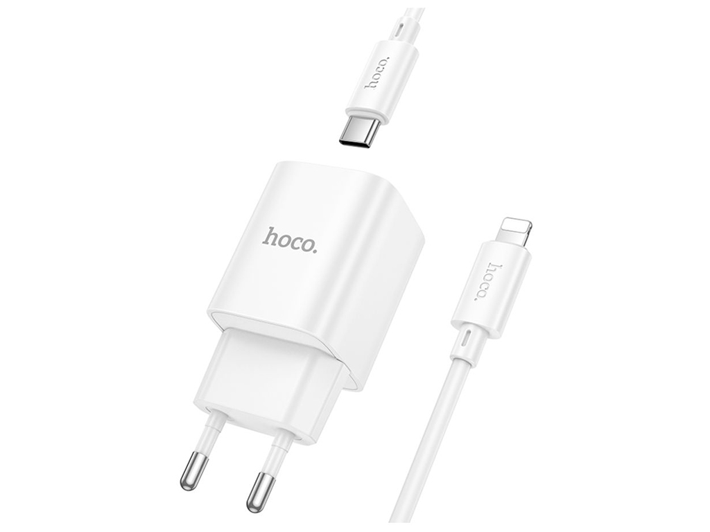 Мережевий зарядний пристрій Hoco C148A 1USB-C PD/QC 30W+Type-C to Lightning, колір бiлий