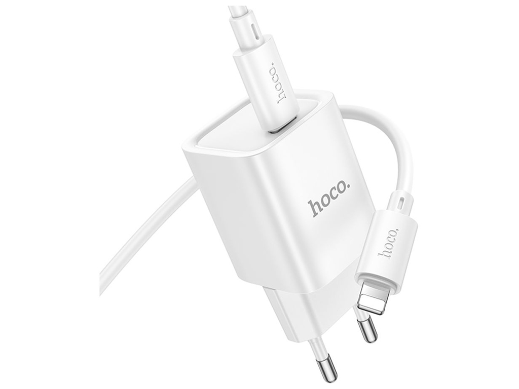 Мережевий зарядний пристрій Hoco C148A 1USB-C PD/QC 30W+Type-C to Lightning, колір бiлий