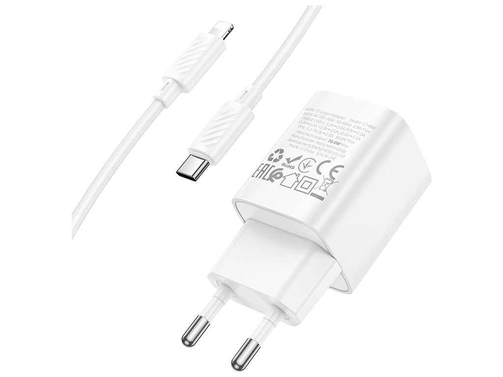Мережевий зарядний пристрій Hoco C148A 1USB-C PD/QC 30W+Type-C to Lightning, колір бiлий