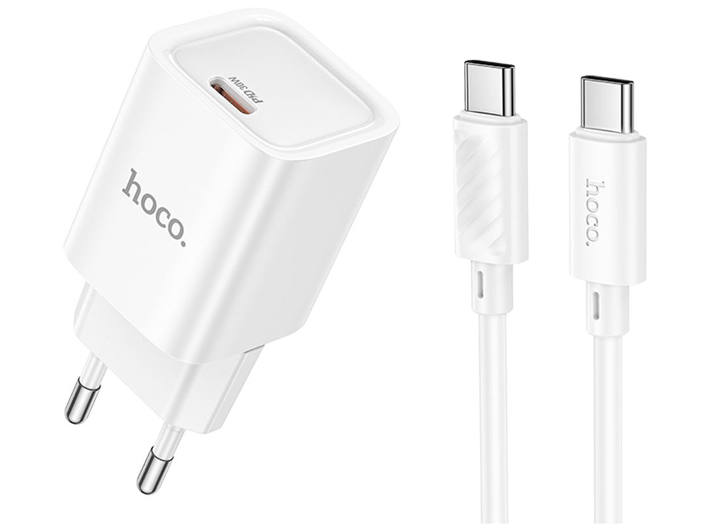 Мережевий зарядний пристрій Hoco C148A 1USB-C PD/QC 30W+Type-C to Type-C, колір бiлий