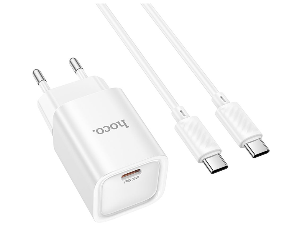 Мережевий зарядний пристрій Hoco C148A 1USB-C PD/QC 30W+Type-C to Type-C, колір бiлий